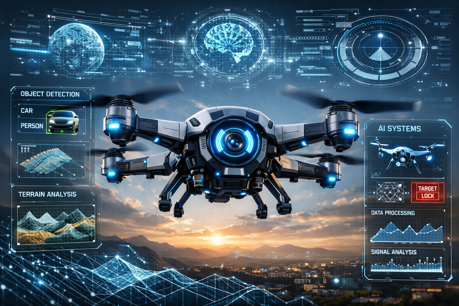 autonomous drone flying over industrial area at dusk